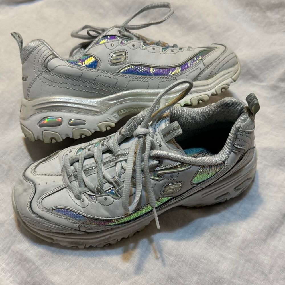 Skechers D'Lites white & silver Leather trainers iridescent, sparkly size 7.5